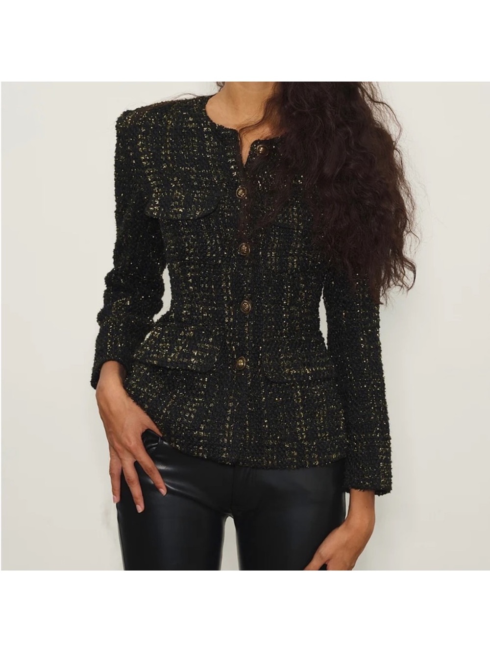 The Commense Black Tweed Button-Up Jacket with Gold Thread